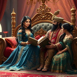 A beautifully designed scene featuring Shahrazad sitting elegantly on a luxurious, opulent bed adorned with rich fabrics and ornate decorations