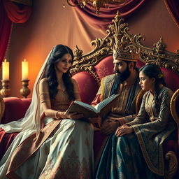 A beautifully designed scene featuring Shahrazad sitting elegantly on a luxurious, opulent bed adorned with rich fabrics and ornate decorations