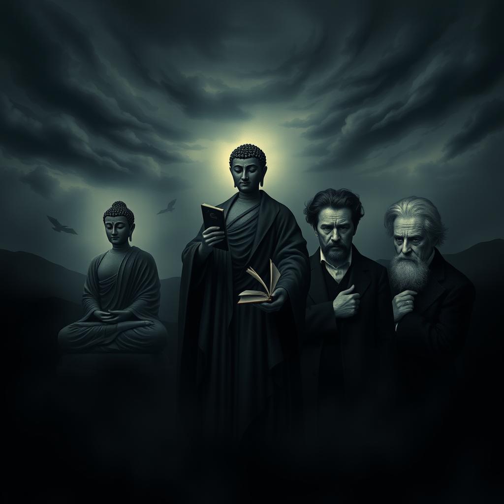 A dark, atmospheric portrait featuring the four philosophical figures: Buddha, Baruch Spinoza, Friedrich Nietzsche, and Ludwig Wittgenstein