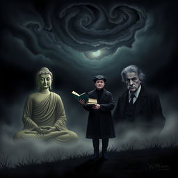 A dark, atmospheric portrait featuring the four philosophical figures: Buddha, Baruch Spinoza, Friedrich Nietzsche, and Ludwig Wittgenstein