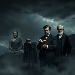 A dark, atmospheric portrait featuring the four philosophical figures: Buddha, Baruch Spinoza, Friedrich Nietzsche, and Ludwig Wittgenstein