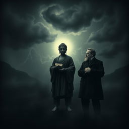 A dark, atmospheric portrait featuring the four philosophical figures: Buddha, Baruch Spinoza, Friedrich Nietzsche, and Ludwig Wittgenstein
