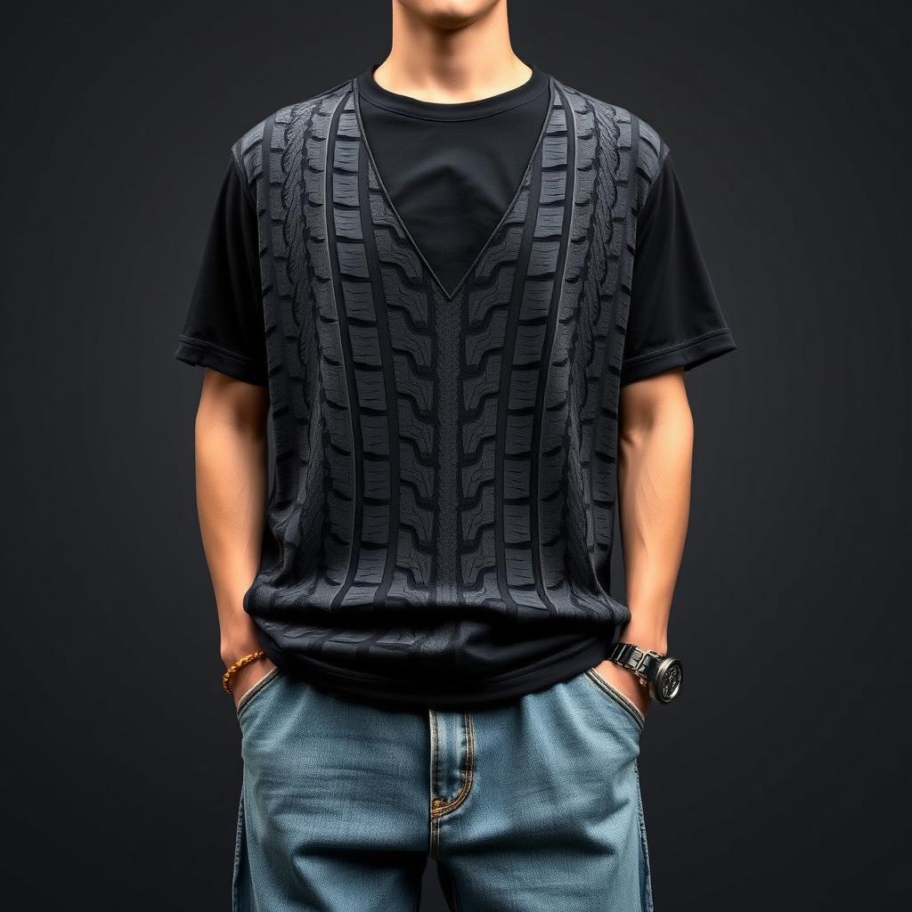 A striking outfit featuring a textured design inspired by black rubber tires, complemented by a deep V-neck t-shirt