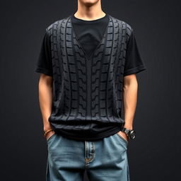 A striking outfit featuring a textured design inspired by black rubber tires, complemented by a deep V-neck t-shirt