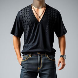 A striking outfit featuring a textured design inspired by black rubber tires, complemented by a deep V-neck t-shirt