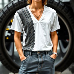 A striking outfit featuring a textured design inspired by black rubber tires, complemented by a deep V-neck t-shirt