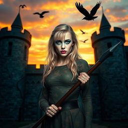 A stunning photograph of a Medieval castle bathed in the warm hues of a sunset, with a beautiful young woman standing in the doorway