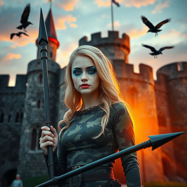 A stunning photograph of a Medieval castle bathed in the warm hues of a sunset, with a beautiful young woman standing in the doorway