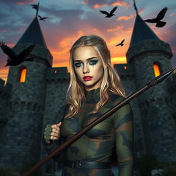 A stunning photograph of a Medieval castle bathed in the warm hues of a sunset, with a beautiful young woman standing in the doorway