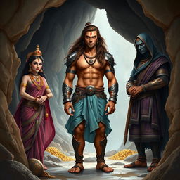 A high-resolution wide shot depicting an Indian warrior standing in a stony cave, framed with his legs up