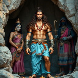 A high-resolution wide shot depicting an Indian warrior standing in a stony cave, framed with his legs up
