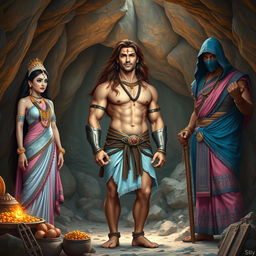 A high-resolution wide shot depicting an Indian warrior standing in a stony cave, framed with his legs up