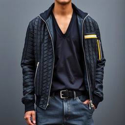 A stylish jacket featuring a textured design inspired by black rubber tires, paired with a deep V-neck t-shirt underneath