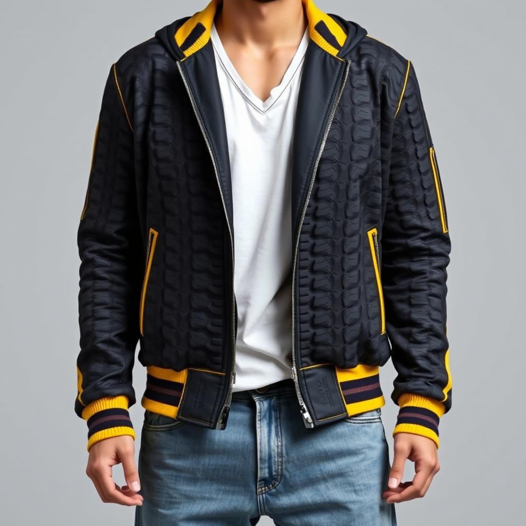 A stylish jacket featuring a textured design inspired by black rubber tires, paired with a deep V-neck t-shirt underneath