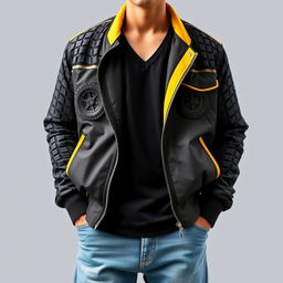 A stylish jacket featuring a textured design inspired by black rubber tires, paired with a deep V-neck t-shirt underneath