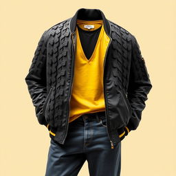 A stylish jacket featuring a textured design inspired by black rubber tires, paired with a deep V-neck t-shirt underneath