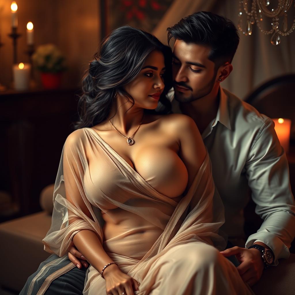 A sensual and elegant scene featuring a woman with big breasts, wearing only a draped saree, seated gracefully in the lap of a man