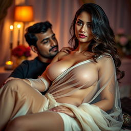 A sensual and elegant scene featuring a woman with big breasts, wearing only a draped saree, seated gracefully in the lap of a man