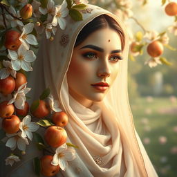 A radiant portrait of Fatimah Zahra, may peace be upon her, with a luminous face surrounded by blooming jasmine flowers and heavenly apples, creating a serene and divine atmosphere, intricate details in her attire, capturing her grace and purity, soft ethereal light illuminating her features, a peaceful garden setting in the background, enhancing the sense of tranquility and beauty