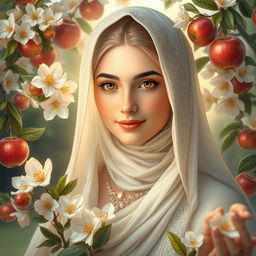 A radiant portrait of Fatimah Zahra, may peace be upon her, with a luminous face surrounded by blooming jasmine flowers and heavenly apples, creating a serene and divine atmosphere, intricate details in her attire, capturing her grace and purity, soft ethereal light illuminating her features, a peaceful garden setting in the background, enhancing the sense of tranquility and beauty