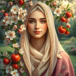 A radiant portrait of Fatimah Zahra, may peace be upon her, with a luminous face surrounded by blooming jasmine flowers and heavenly apples, creating a serene and divine atmosphere, intricate details in her attire, capturing her grace and purity, soft ethereal light illuminating her features, a peaceful garden setting in the background, enhancing the sense of tranquility and beauty