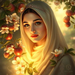A radiant portrait of Fatimah Zahra, may peace be upon her, with a luminous face surrounded by blooming jasmine flowers and heavenly apples, creating a serene and divine atmosphere, intricate details in her attire, capturing her grace and purity, soft ethereal light illuminating her features, a peaceful garden setting in the background, enhancing the sense of tranquility and beauty