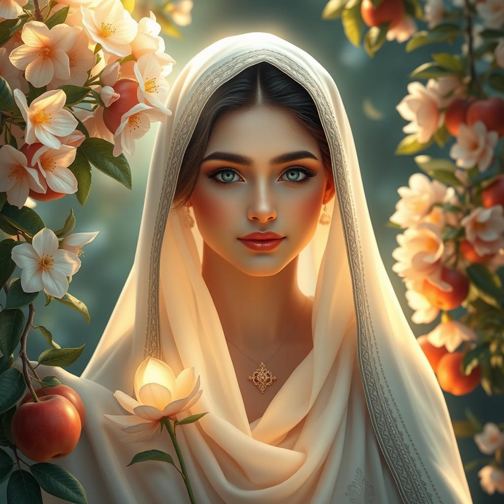 A depiction of Fatimah Zahra, may peace be upon her, with a radiant face that shines with light, surrounded by lush blooming jasmine flowers and heavenly apples, emphasizing her purity and grace