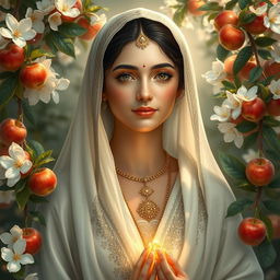 A depiction of Fatimah Zahra, may peace be upon her, with a radiant face that shines with light, surrounded by lush blooming jasmine flowers and heavenly apples, emphasizing her purity and grace