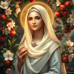 A depiction of Fatimah Zahra, may peace be upon her, with a radiant face that shines with light, surrounded by lush blooming jasmine flowers and heavenly apples, emphasizing her purity and grace