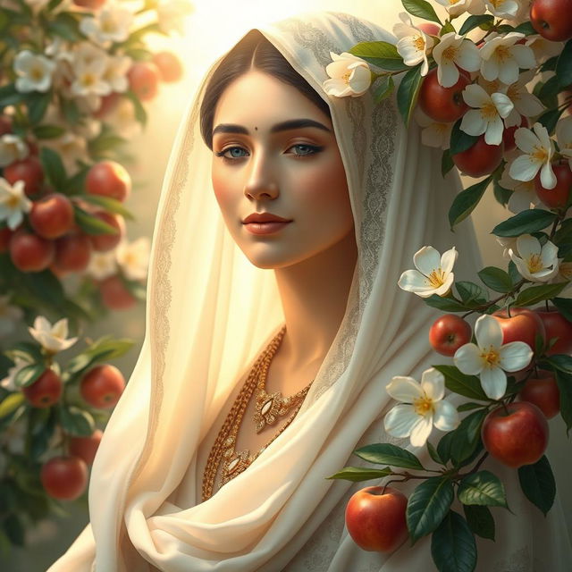 A depiction of Fatimah Zahra, may peace be upon her, with a radiant face that shines with light, surrounded by lush blooming jasmine flowers and heavenly apples, emphasizing her purity and grace