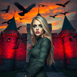 A captivating photograph of a Medieval castle illuminated by the fiery colors of sunset, featuring a young woman in the doorway