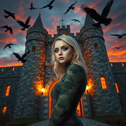 A captivating photograph of a Medieval castle illuminated by the fiery colors of sunset, featuring a young woman in the doorway