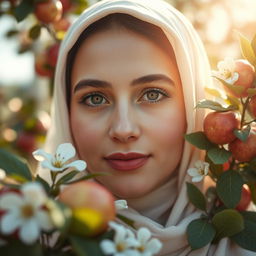 A close-up portrait of Fatimah Zahra, may peace be upon her, where only her radiant face is visible, glowing with light