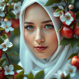 A close-up portrait of Fatimah Zahra, may peace be upon her, where only her radiant face is visible, glowing with light