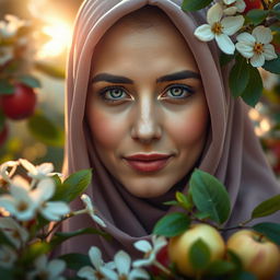 A close-up portrait of Fatimah Zahra, may peace be upon her, where only her radiant face is visible, glowing with light