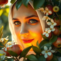 A close-up portrait of Fatimah Zahra, may peace be upon her, where only her radiant face is visible, glowing with light