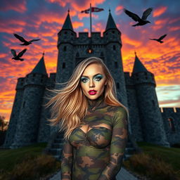 A visually striking photograph of a Medieval castle at sunset, set against a dramatic sky filled with vibrant colors