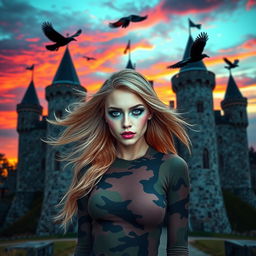 A visually striking photograph of a Medieval castle at sunset, set against a dramatic sky filled with vibrant colors