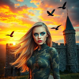 A visually striking photograph of a Medieval castle at sunset, set against a dramatic sky filled with vibrant colors