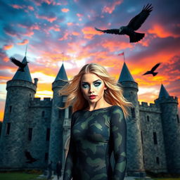 A visually striking photograph of a Medieval castle at sunset, set against a dramatic sky filled with vibrant colors