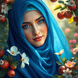 A beautiful portrayal of Fatimah Zahra, may peace be upon her, wearing a rich blue hijab (chador) that flows elegantly around her