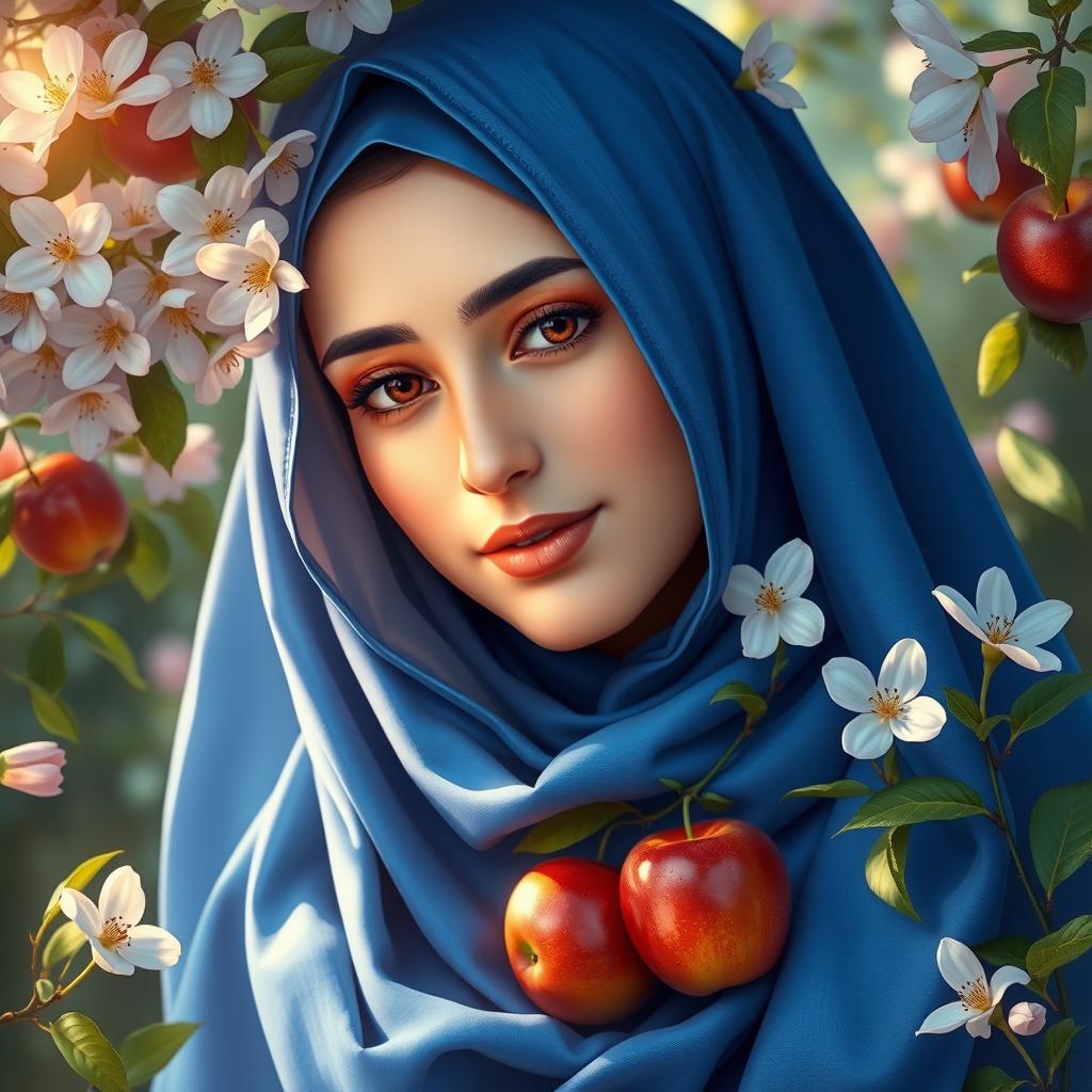 A beautiful portrayal of Fatimah Zahra, may peace be upon her, wearing a rich blue hijab (chador) that flows elegantly around her