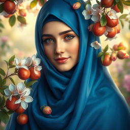 A beautiful portrayal of Fatimah Zahra, may peace be upon her, wearing a rich blue hijab (chador) that flows elegantly around her