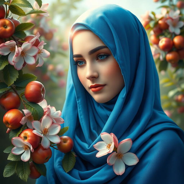 A beautiful portrayal of Fatimah Zahra, may peace be upon her, wearing a rich blue hijab (chador) that flows elegantly around her