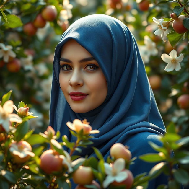 A woman gracefully wearing a rich blue hijab (chador), surrounded by a lush garden filled with blooming jasmine flowers and heavenly apples