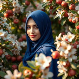A woman gracefully wearing a rich blue hijab (chador), surrounded by a lush garden filled with blooming jasmine flowers and heavenly apples