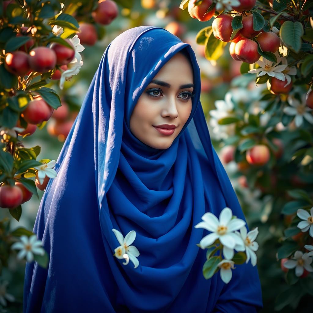 A woman gracefully wearing a rich blue hijab (chador), surrounded by a lush garden filled with blooming jasmine flowers and heavenly apples