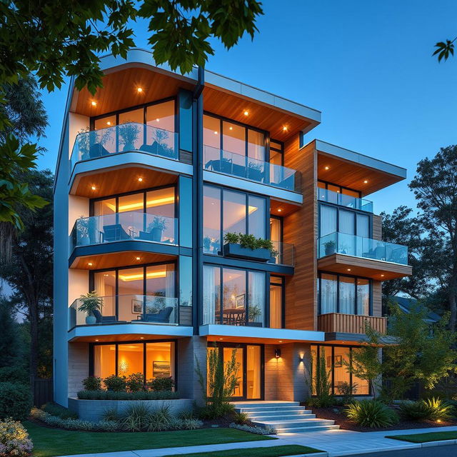 A beautifully designed modern triplex building showcasing three distinct levels, each with large windows and balconies adorned with plants