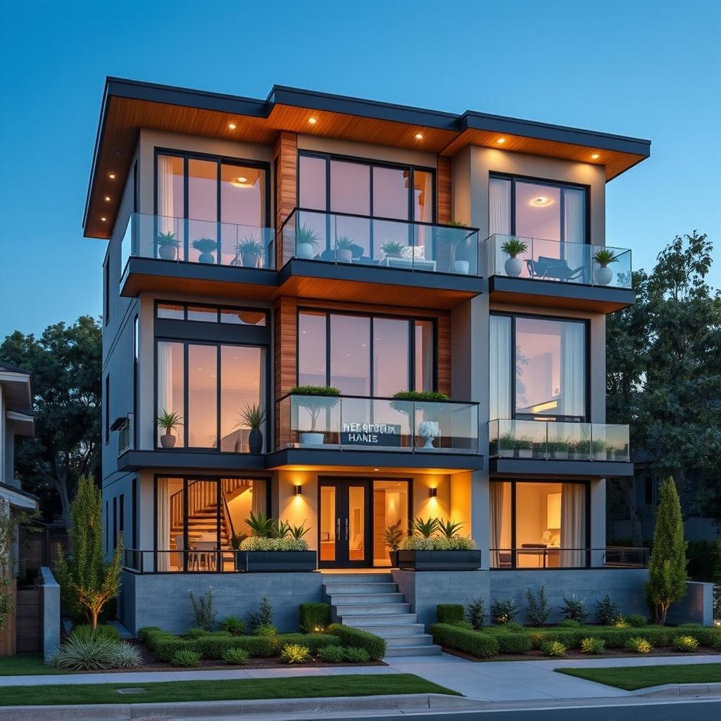 A beautifully designed modern triplex building showcasing three distinct levels, each with large windows and balconies adorned with plants