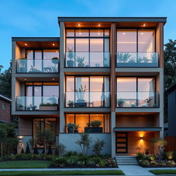 A beautifully designed modern triplex building showcasing three distinct levels, each with large windows and balconies adorned with plants